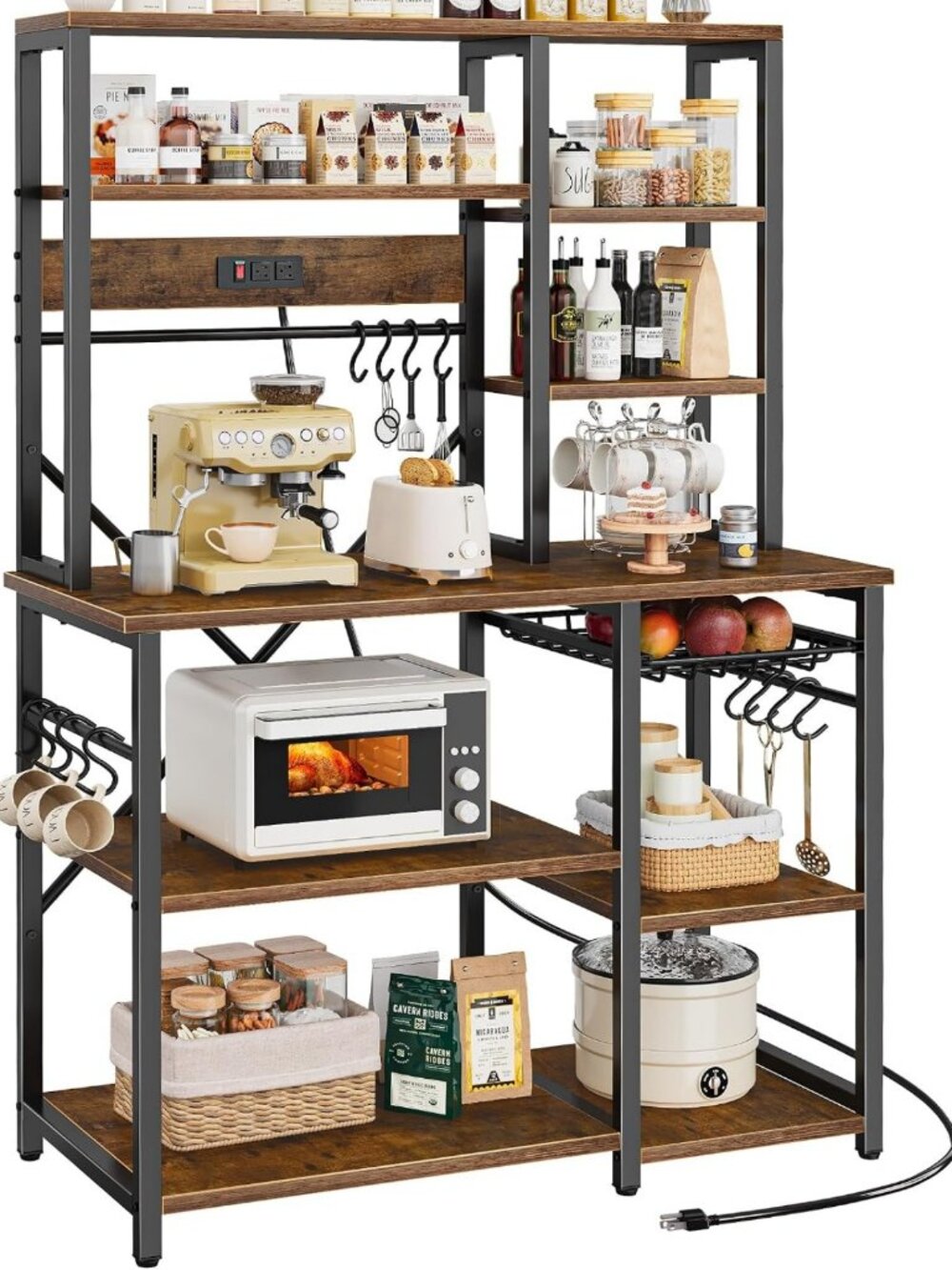 Rustic Brown Large Bakers Rack with Power Outlets - 39.4 Inch Microwave Stand - Picture 1 of 6